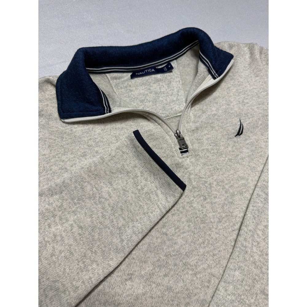 Nautica Mens Medium Gray Quarter Zip Fleece Pullover Navy Trim Logo Mock Neck